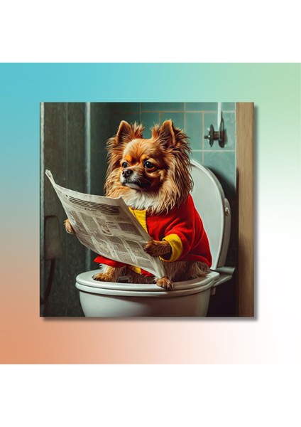 Tekli Kare Kanvas Banyo Tablosu Gazete Okuyan Formalı Pekinez modelleri