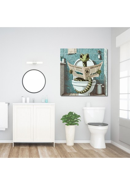 Tekli Kare Kanvas Banyo Tablosu Gazete Okuyan Yılan Görseli