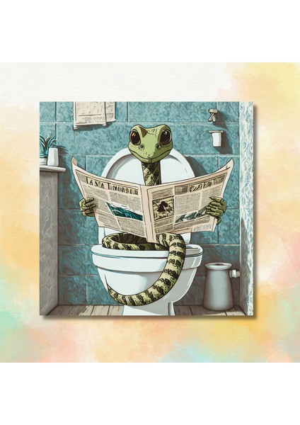 Tekli Kare Kanvas Banyo Tablosu Gazete Okuyan Yılan Görseli modelleri