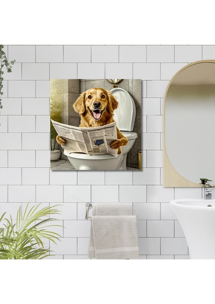 Tekli Kare Kanvas Banyo Tablosu Gazete Okuyan Gülen Golden Köpek