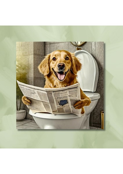 Tekli Kare Kanvas Banyo Tablosu Gazete Okuyan Gülen Golden Köpek fiyatları