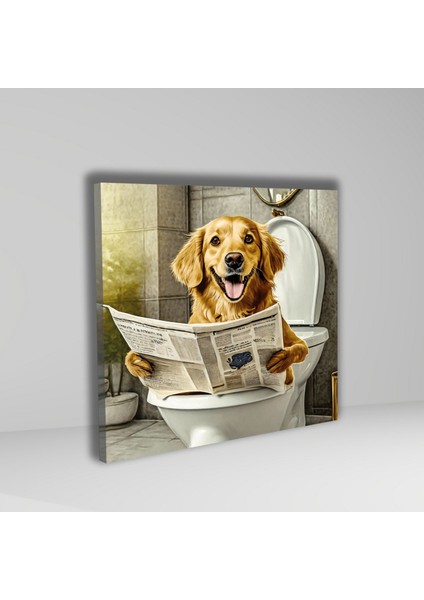 Tekli Kare Kanvas Banyo Tablosu Gazete Okuyan Gülen Golden Köpek modelleri