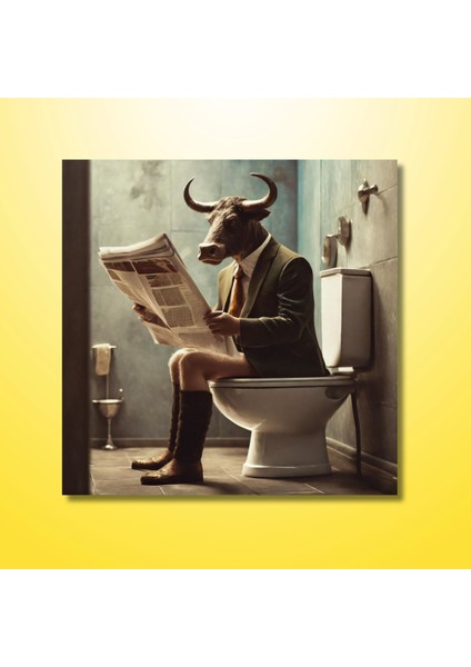 Tekli Kare Kanvas Banyo Tablosu Gazete Okuyan Takım Elbiseli Öküz modelleri