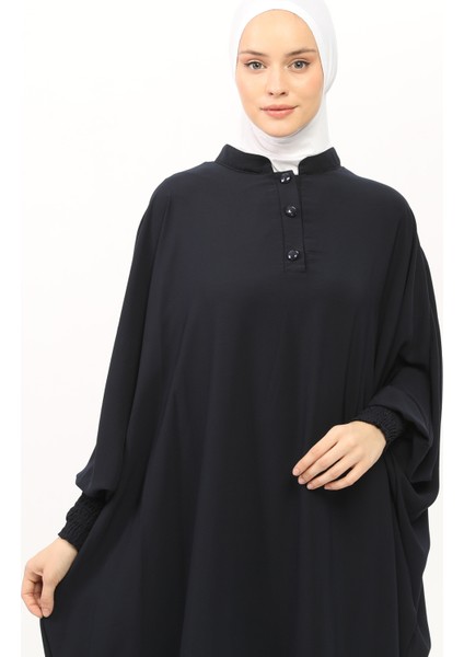 Kadın Medine Ipeği Abaya Ferace Elbise Hakim Yakalı Yarasa Kollu Tesettür Elbise - Lacivert - L-XL