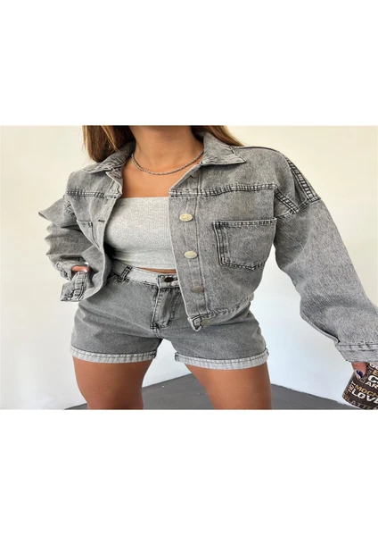 Fav Style Kadın Düğmeli Çift Cepli Crop Denim Ceket