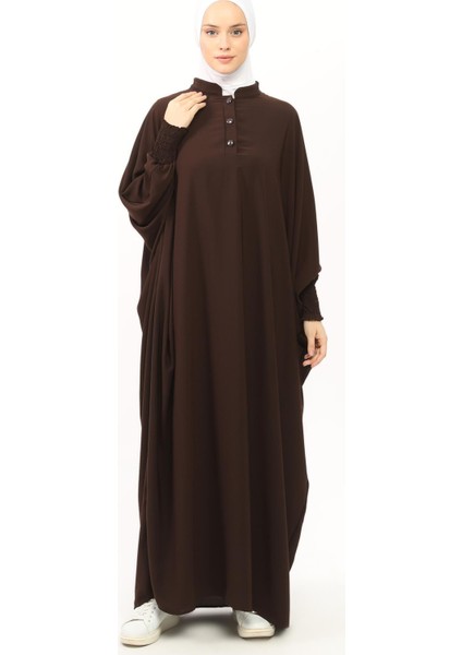 Kadın Medine Ipeği Abaya Ferace Elbise Hakim Yakalı Yarasa Kollu Tesettür Elbise - Kahverengi - L-XL