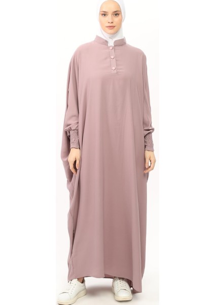 Kadın Medine Ipeği Abaya Ferace Elbise Hakim Yakalı Yarasa Kollu Tesettür Elbise - Koyu Gül Kurusu - L-XL
