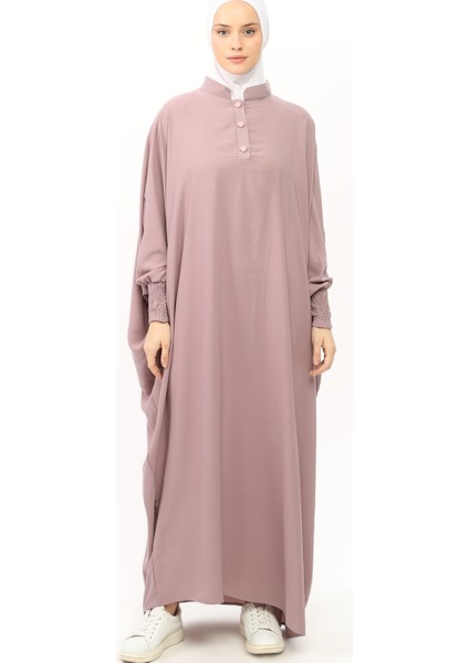 Kadın Medine Ipeği Abaya Ferace Elbise Hakim Yakalı Yarasa Kollu Tesettür Elbise - Koyu Gül Kurusu - L-XL modelleri