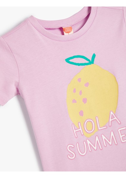 Tişört Limon Baskılı Kısa Kollu Bisiklet Yaka Pamuklu
