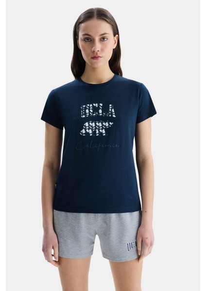 Allıson Lacivert Bisiklet Yaka Baskılı Kadın Tshirt