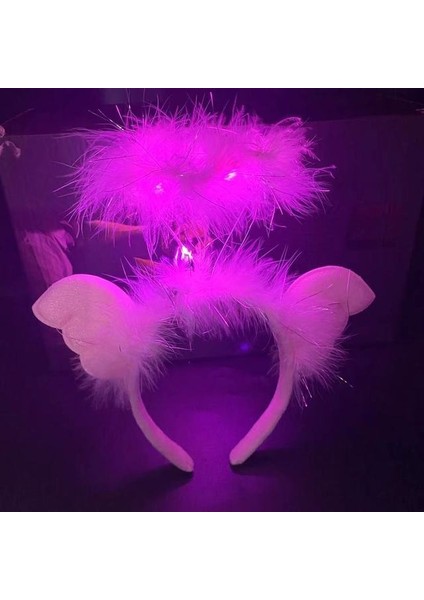 Pembe Kanatlı Pembe Tüylü LED Işıklı 3 Fonksiyonlu Melek Hare Taç 20X25 cm (44DEX34)