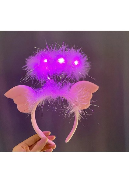 Pembe Kanatlı Pembe Tüylü LED Işıklı 3 Fonksiyonlu Melek Hare Taç 20X25 cm (44DEX34)