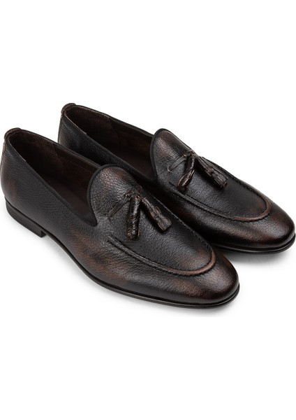 Deri Kahverengi Özel Vintage Erkek Loafer - 01701MKHVC50