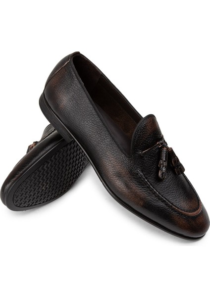 Deri Kahverengi Özel Vintage Erkek Loafer - 01701MKHVC50