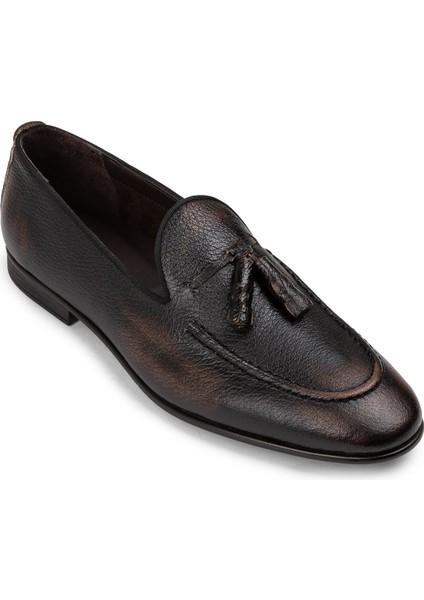 Deri Kahverengi Özel Vintage Erkek Loafer - 01701MKHVC50