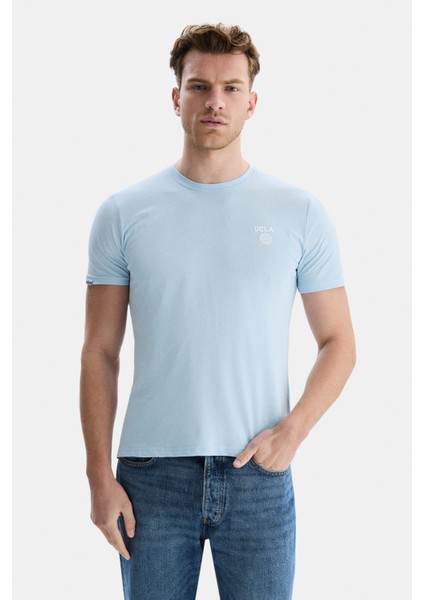 Bass Gök Mavisi Bisiklet Yaka Baskılı Standard Fit Erkek Tshirt