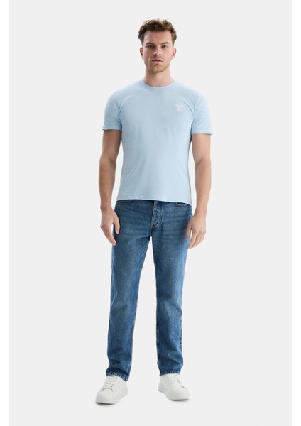 Bass Gök Mavisi Bisiklet Yaka Baskılı Standard Fit Erkek Tshirt modelleri