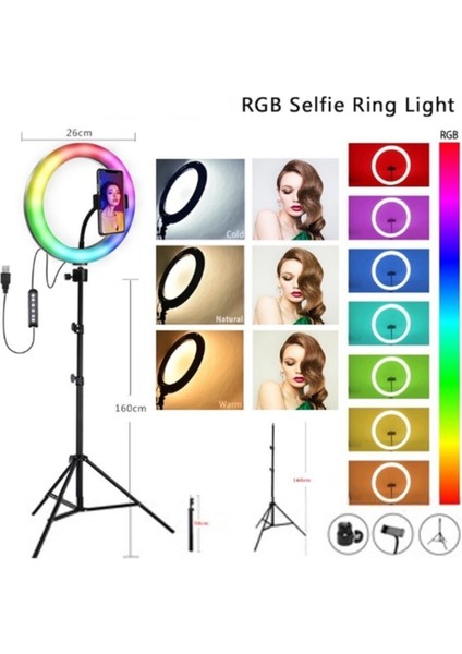 Rgb 10 Inç Işık Çok Renkli LED Make Up Selfie Işığı 210 cm Tripod