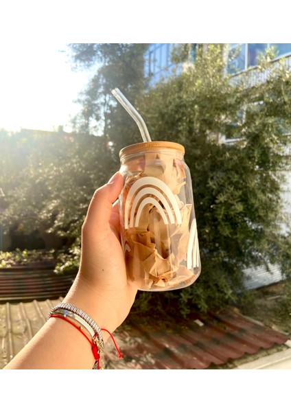 Gökkuşağı Desenli Pipetli, Bambu Kapaklı, Cam Bardak