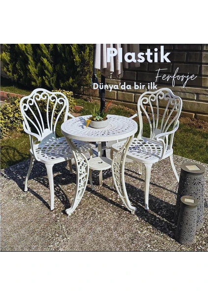 Istanbul Model Ferforje Görünümlü 60 cm Çap Plastik Masa ve Sandalye Balkon Takım 2 Sandalye 1 Masa