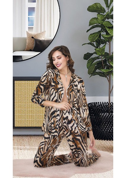 Uzun Kollu Ince Dügmeli Leopar Desenli Kadın Pijama Takımı