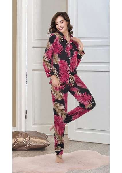 Uzun Kollu Ince Dügmeli Çiçek Desenli Kadın Pijama Takımı