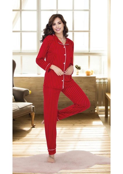 Uzun Kollu Ince Dügmeli Kırmızı Çizgili Desenli Kadın Pijama Takımı