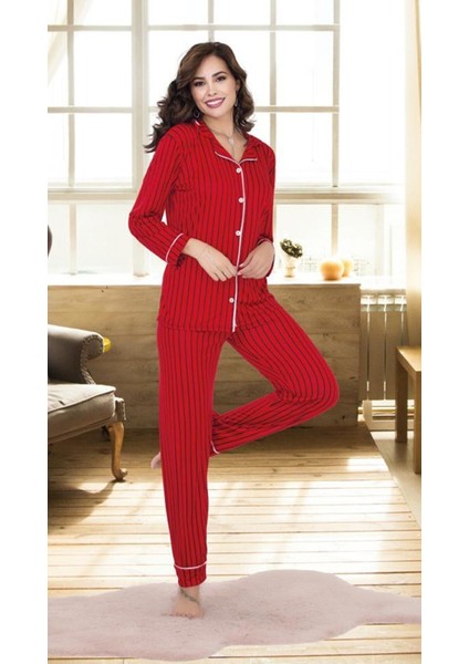 Uzun Kollu Ince Dügmeli Kırmızı Çizgili Desenli Kadın Pijama Takımı