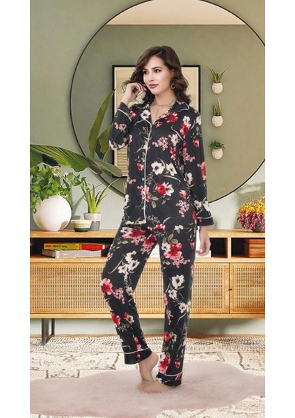 Uzun Kollu Ince Dügmeli Çiçek Desenli Kadın Pijama Takımı