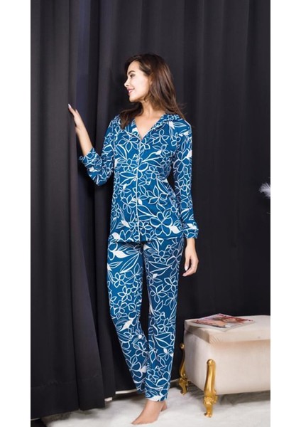 Uzun Kollu Ince Dügmeli Mavi Çizgili Desenli Kadın Pijama Takımı
