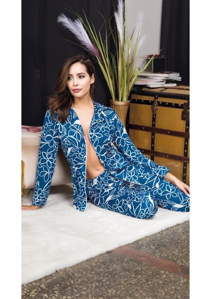 Uzun Kollu Ince Dügmeli Mavi Çizgili Desenli Kadın Pijama Takımı