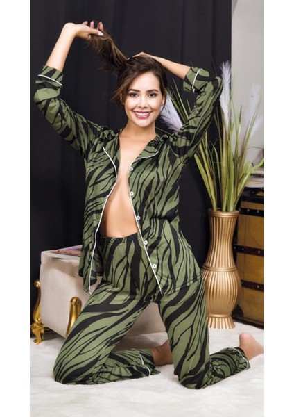 Uzun Kollu Ince Dügmeli Yeşil Çizgili Desenli Kadın Pijama Takımı
