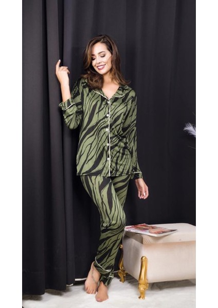 Uzun Kollu Ince Dügmeli Yeşil Çizgili Desenli Kadın Pijama Takımı