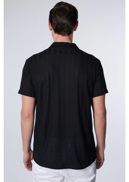 Slim Fit Dar Kesim Kısa Kollu Nefes Alan Örme Doku Armür Desenli Yazlık Siyah Erkek Gömlek