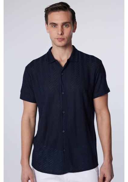 Slim Fit Dar Kesim Kısa Kollu Nefes Alan Örme Doku Armür Desenli Yazlık Lacivert Erkek Gömlek fiyatları