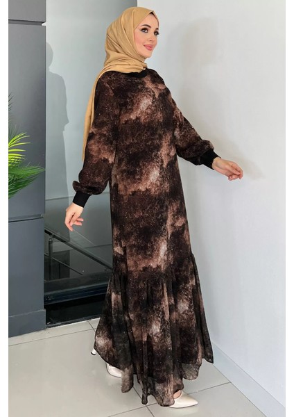 Kahve Bisiklet Yaka Desenli Fırfırlı Tesettür Şifon Elbise P-00010159 modelleri