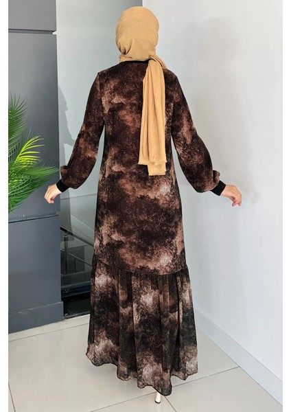 Kahve Bisiklet Yaka Desenli Fırfırlı Tesettür Şifon Elbise P-00010159 fırsatları