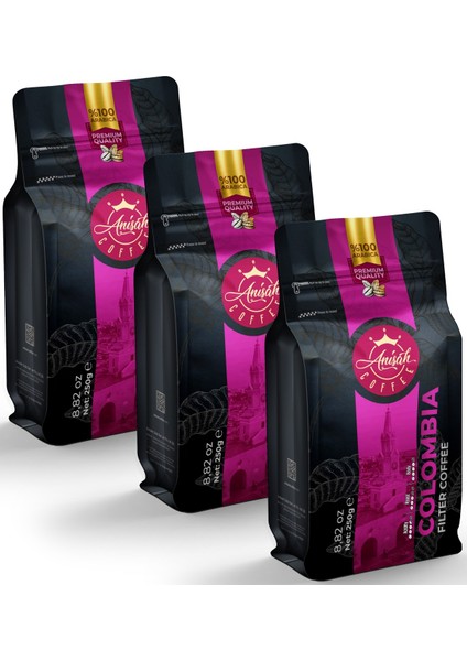 Anisah Coffee Colombia %100 Arabica Filtre Kahve  3 x 250 gr Orta Kavrulmuş-Medium Roast