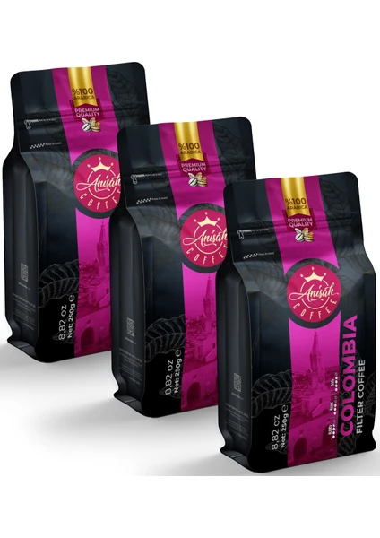 Anisah Coffee Colombia %100 Arabica Filtre Kahve  3 x 250 gr Orta Kavrulmuş-Medium Roast