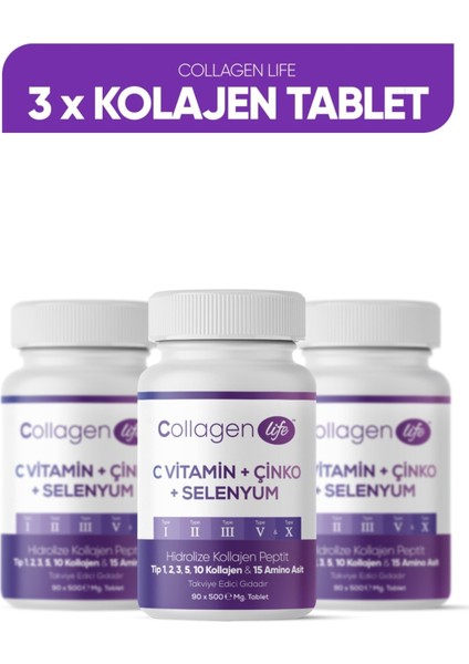 Collagen Life 5 Tip Kolajen Tip 1 Tip 2 Tip 3 Tip 5 Tip 10 ( Selenyum , C Vitamini ve Çinko ) 3 Adet