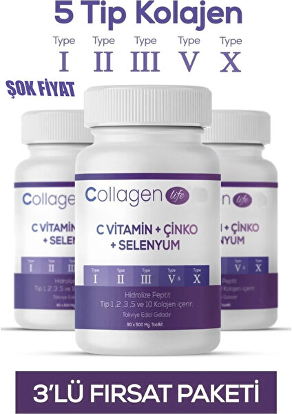 Collagen Life 5 Tip Kolajen Tip 1 Tip 2 Tip 3 Tip 5 Tip 10 ( Selenyum , C Vitamini ve Çinko ) 3 Adet