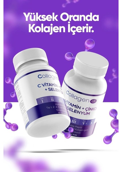 Collagen Life 5 Tip Kolajen Tip 1 Tip 2 Tip 3 Tip 5 Tip 10 ( Selenyum , C Vitamini ve Çinko ) 3 Adet