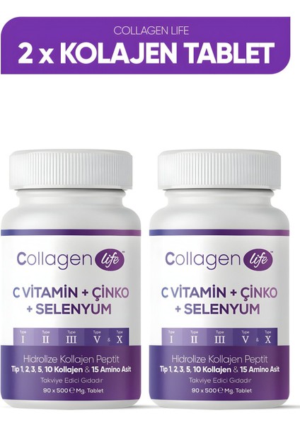 Collagen Life 2'li Fırsat; 5 Tip Kolajen Tip 1 Tip 2 Tip 3 Tip 5 Tip 10, Selenyum , C Vitamini ve Çinko 180 Tablet