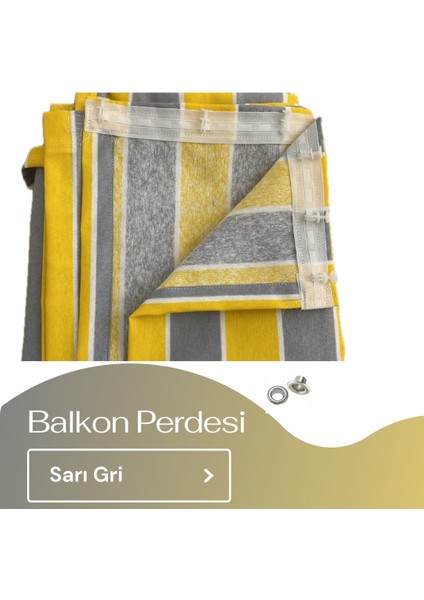 Görgülü Shop Demir Kuşgözü Halkalı ve Bağcıklı Pamuklu Kumaştan Sarı Gri Balkon perdesi