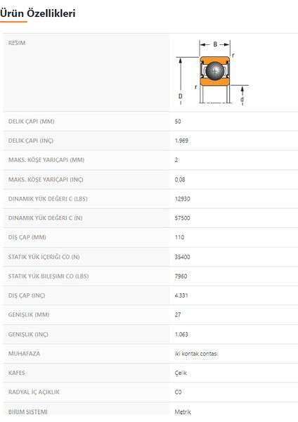 6310-2RS - 50X27X110 - Tımken fiyatları