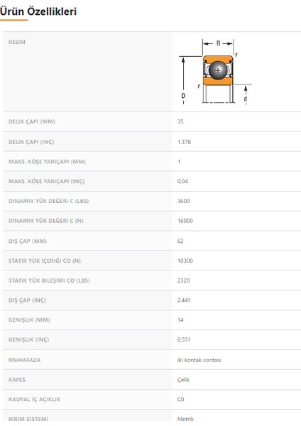 6007-2RS - 35X14X62 - Tımken fiyatları