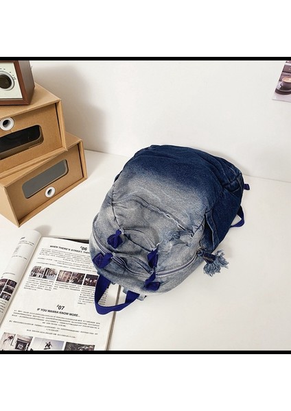Yıkanmış Denim Tuval Sırt Çantası Moda Gradyan Okul Çantası (Yurt Dışından)