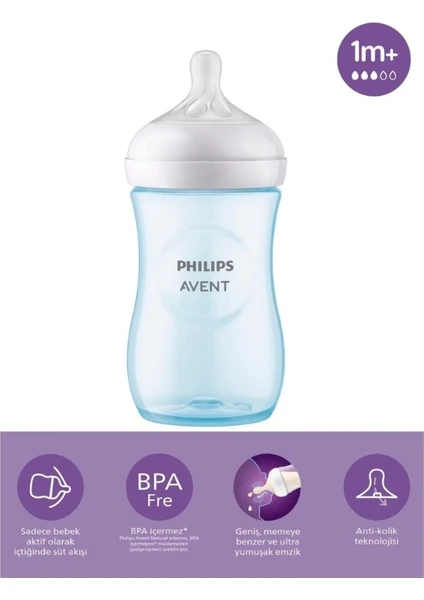 Philips Avent Natural Response Pp Mavi Biberon, 260Ml, 1+ Ay,Doğal Tepkili Biberon Emziği, Scy903/21