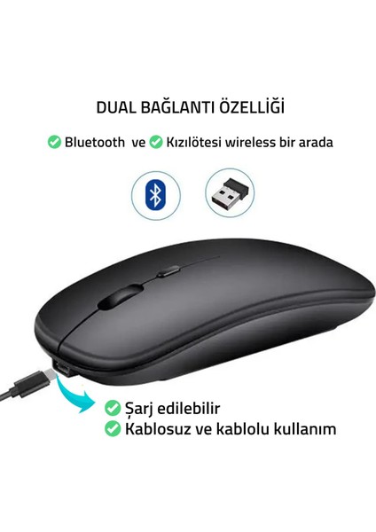 Kablosuz 100MAH Şarjlı Pilli 2.4 Ghz Sessiz Bluetooth Mouse