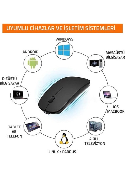 Kablosuz 100MAH Şarjlı Pilli 2.4 Ghz Sessiz Bluetooth Mouse